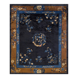 1930s Blue Navy Floral Medallion Antique Chinese Peking Rug 8' 2" X 9' 8" Handknotted Wool Carpet