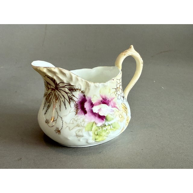 Ceramic Antique Creamer Porcelain Transfer Ware Purple White Gilt Flowers For Sale - Image 7 of 9