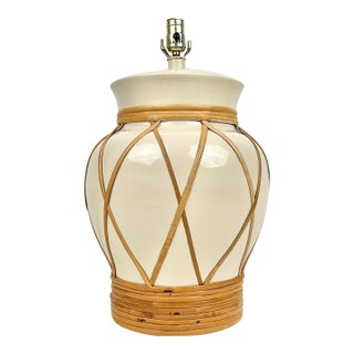 Vintage Rattan Wrapped Ceramic Lamp For Sale