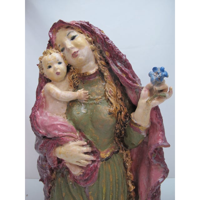 Susi Singer Terracotta Madonna With Blue Flower & Child 1951 Statue For Sale - Image 16 of 18