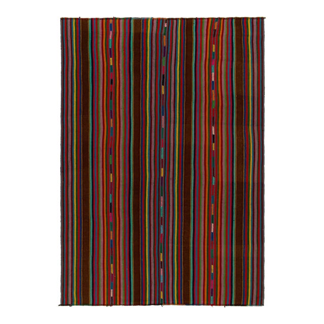1950s Vintage Chaput Kilim Style in Brown, Multicolor Striped Patterns For Sale