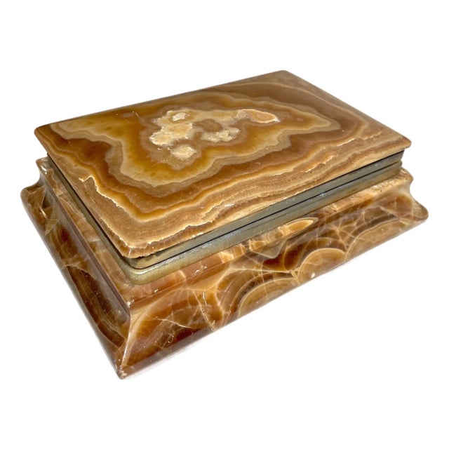 Vintage Handmade Brown Hard Stone Brass Bronze Jewelry Dresser Box Casket Jar For Sale