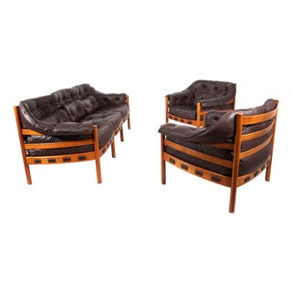 Coja Living Room Set with 3-Seater Sofa and 2 Lounge Chairs in Brown Leather by Sven Ellekaer, 1960, Set of 3 For Sale