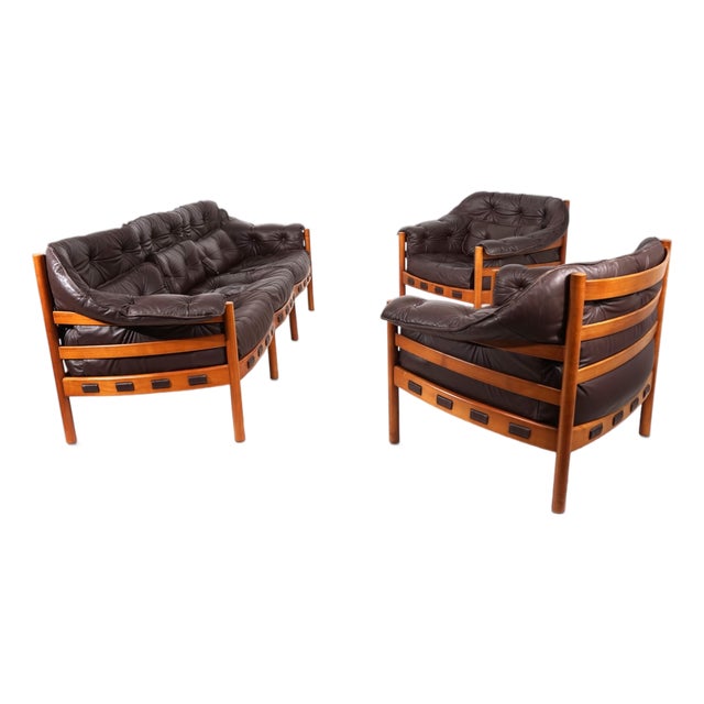 Coja Living Room Set with 3-Seater Sofa and 2 Lounge Chairs in Brown Leather by Sven Ellekaer, 1960, Set of 3 For Sale