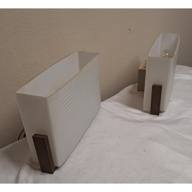 Vintage Minimalist Wall Lamps with Brass Brackets and Opaque White Fluted Glass Shades, 1960s, Set of 2 For Sale - Image 11 of 12