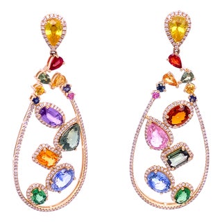 A Pair of Rainbow Multi-Color Sapphire and Diamond Drop Earrings in 18k Yellow Gold – 17.24 Carats For Sale