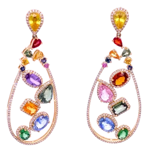 A Pair of Rainbow Multi-Color Sapphire and Diamond Drop Earrings in 18k Yellow Gold – 17.24 Carats