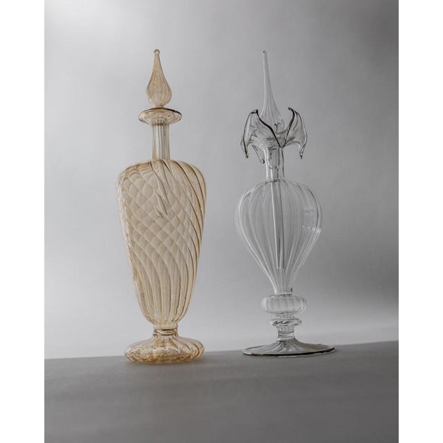Vintage Hand-Blown Orange and Clear Murano Glass Perfume Bottles with Stoppers, 1940s, Set of 2 For Sale - Image 6 of 11