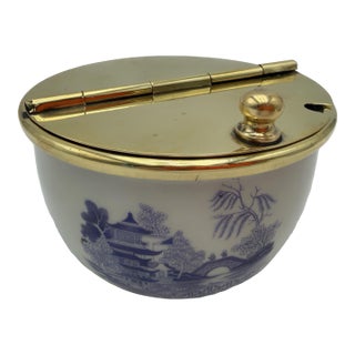 Vintage Chinoiserie Porcelain & Brass Covered Sugar Bowl For Sale