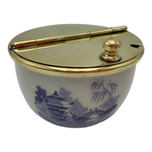 Vintage Chinoiserie Porcelain & Brass Covered Sugar Bowl