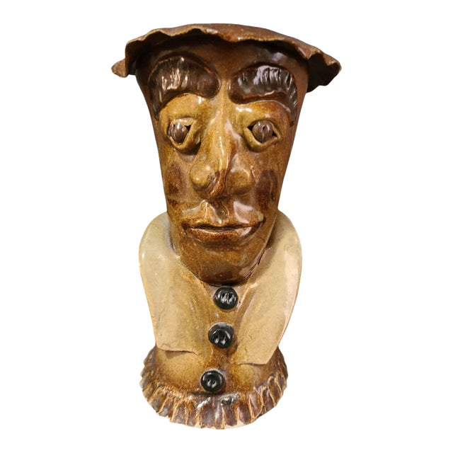 Vintage Mud Glazed Pottery Folk Art Hand Molded Figural Face Vase For Sale