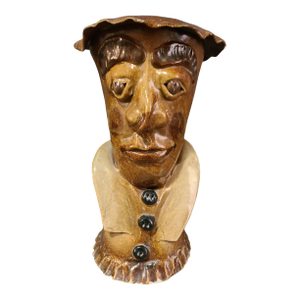 Vintage Mud Glazed Pottery Folk Art Hand Molded Figural Face Vase