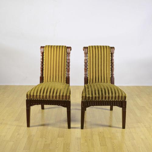 Chairs in Carved Walnut and Striped Olive Velvet, Mid-19th Century, Set of 2 For Sale - Image 3 of 9