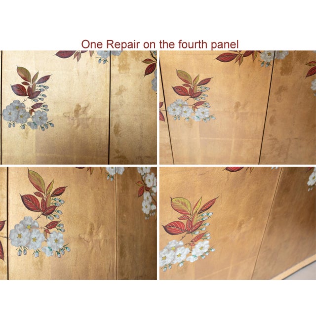 C. 1970s Chinese Six-Panel Gold Leaf Style Painted Screen "Blossoming Plum Tree" For Sale - Image 14 of 18