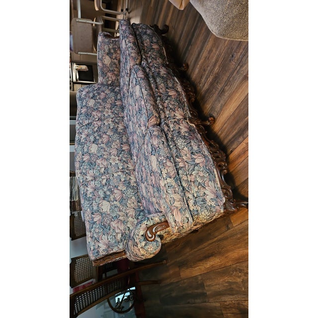 Antique Florencia Sofa, Dark Cherry Wood Sculpted Legs & Apron Front For Sale - Image 4 of 5