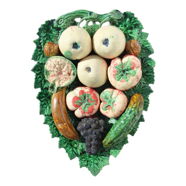 Trompe l'Oeil Large Vine Leaf Wall Plate With Fruits, Vegetables and Walnuts For Sale