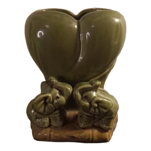 1980s Heart Bamboo Majolica Planter With Trunk Up Baby Elephants