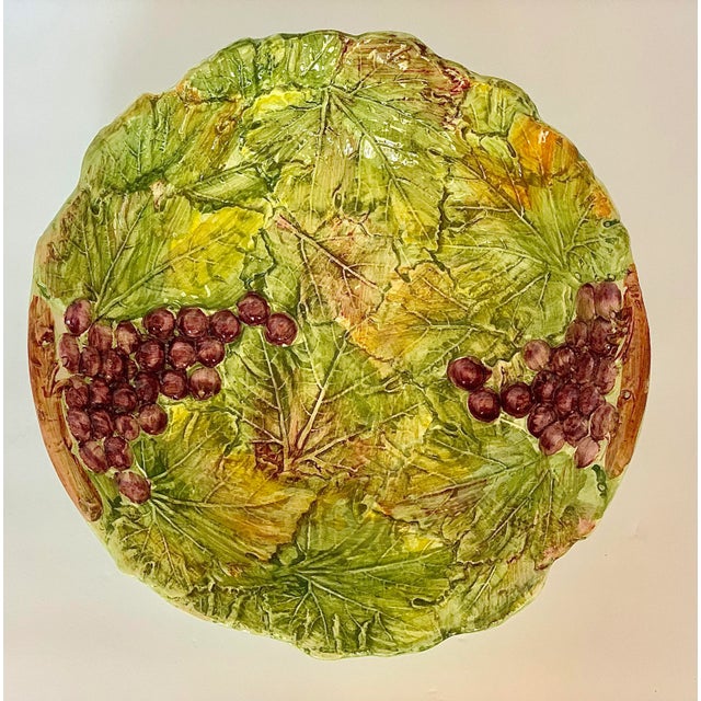 1970's 'Valli' Majolica Style Decorative Pottery Bowl Depicting Grapes Clusters & Grape Leaves, Made in Venice, Italy For Sale - Image 13 of 13