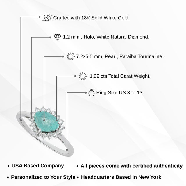 18k Gold 1.09ct Pear Cut Paraiba Tourmaline Diamond Halo Cluster Ring Size 6 For Sale - Image 13 of 18