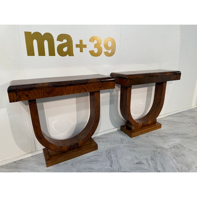 1960s Set of 2 Art Deco Style Console Tables in Bookmatched Burl Wood For Sale In Los Angeles - Image 6 of 13