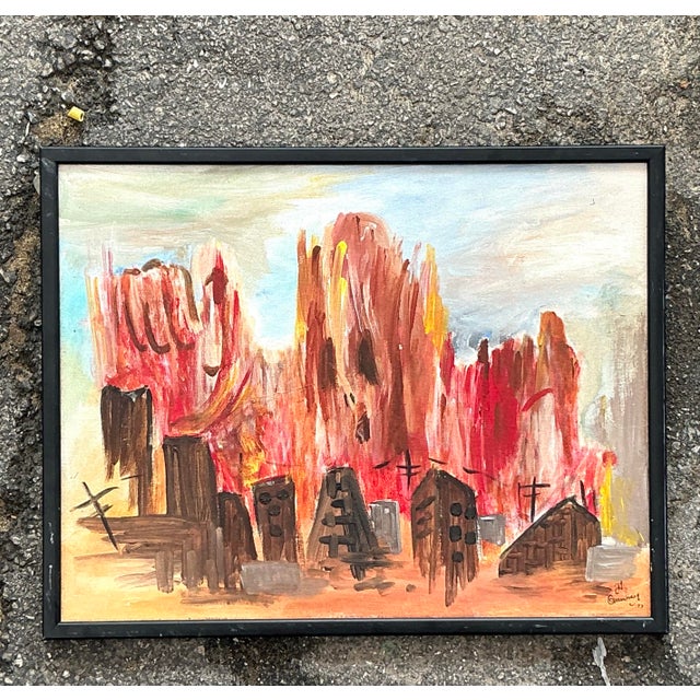 Vintage Boho Abstract Cityscape Original Oil on Board For Sale - Image 4 of 4