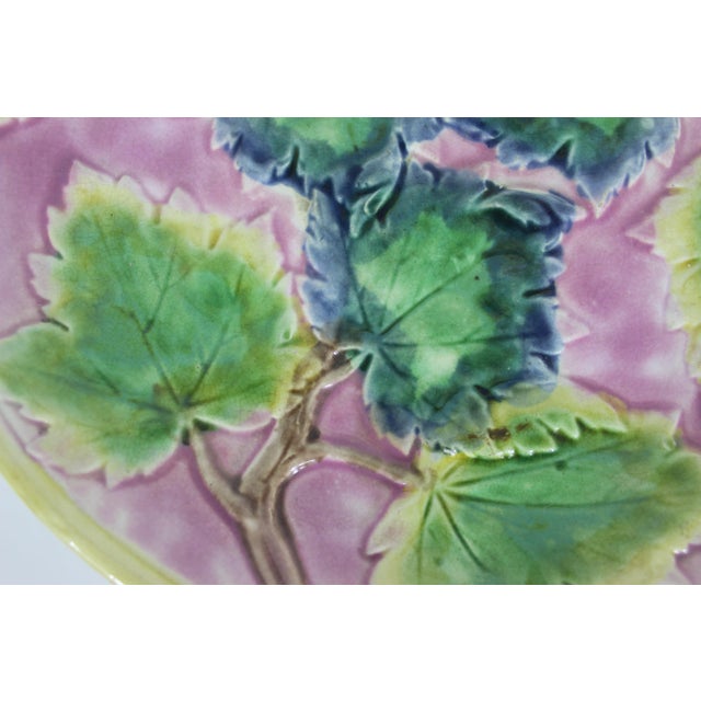 Antique Etruscan Majolica Cake Stand, Round Pink Yellow Green Leaf Motif Platter With Faux Bois and Ivy Base Makers Mark For Sale - Image 11 of 11