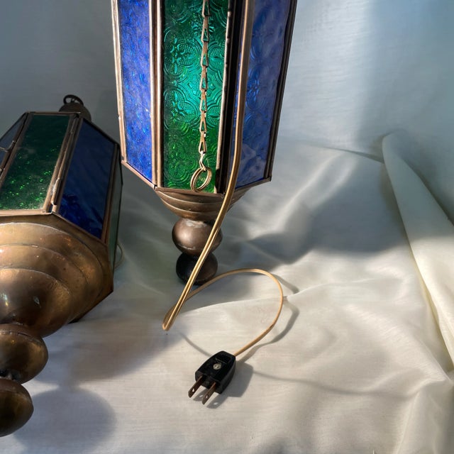 Royal Blue 1940s Vintage Stained Glass and Brass Church Pendant Light Fixtures a Pair For Sale - Image 8 of 12