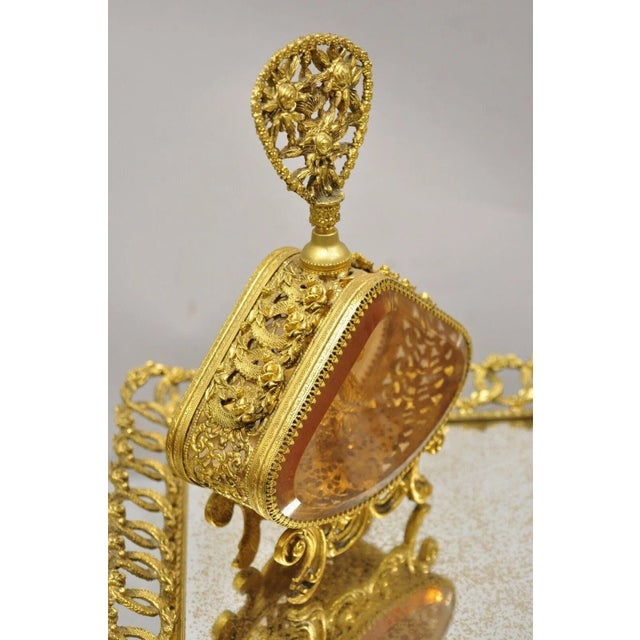 French Vtg Filigree Gold French Vanity Set Perfume Bottles Clock Jewelry Box Tray 5 Pcs For Sale - Image 3 of 13