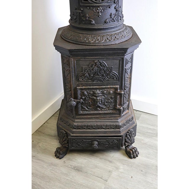 Metal Antique European Ornate Cast Iron Parlor Stove Heater With Urn Finial & Paw Feet, C. 1890 For Sale - Image 7 of 12