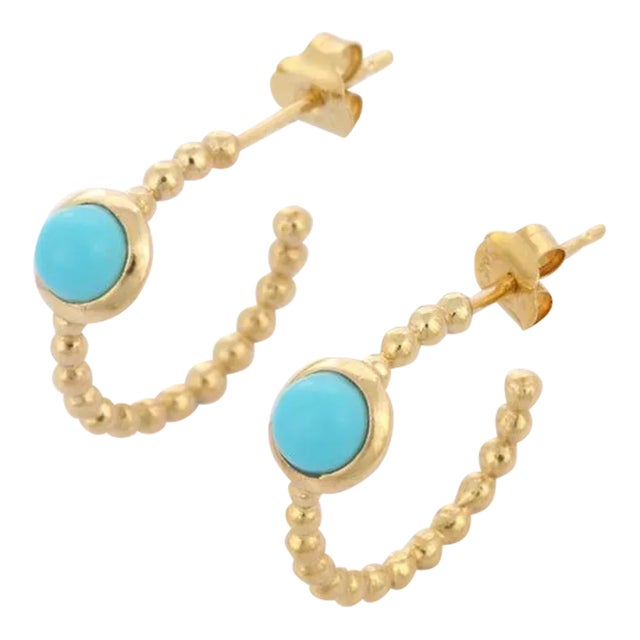 14k Solid Yellow Gold Minimal C-Hoop Earrings With Bezel Set Turquoise- 2 Pieces For Sale