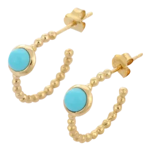 14k Solid Yellow Gold Minimal C-Hoop Earrings With Bezel Set Turquoise- 2 Pieces