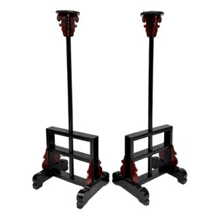 Pair of Antique Chinese Shanxi Elmwood Lantern Stands With Black Lacquer and Red Accents For Sale