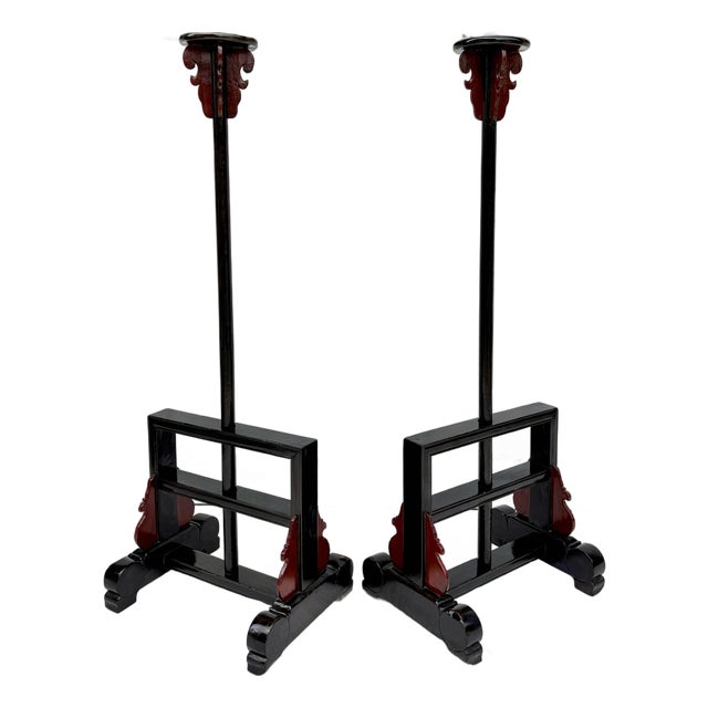 Pair of Antique Chinese Shanxi Elmwood Lantern Stands With Black Lacquer and Red Accents For Sale