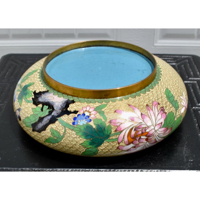 Cream Vintage Chinese Cloisonne Enamel Bowl Bird Chrysanthemum Floral Centerpiece 8" For Sale - Image 8 of 12