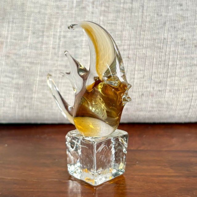 Murano Vintage Murano-Style Glass Fish Sculpture – Amber on Ice Base For Sale - Image 4 of 10