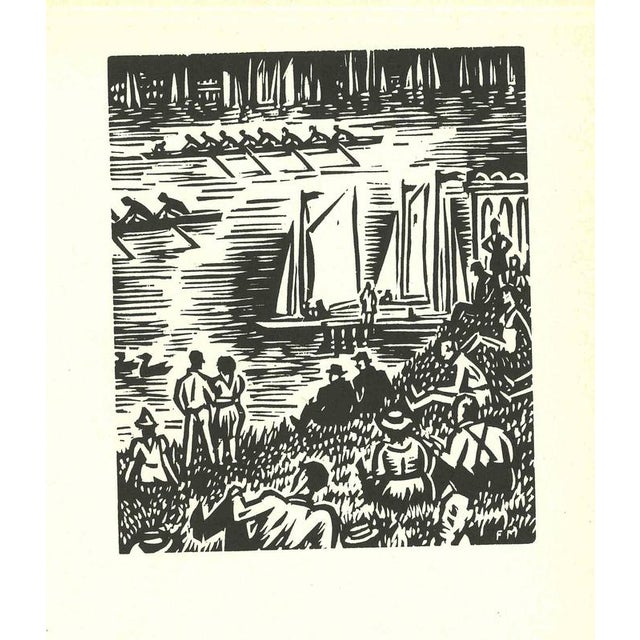 Woodcut print on paper, realized in 1964. Plate from "The Face of Hamburg", monogrammed in the plate. While the Elbtunnel...