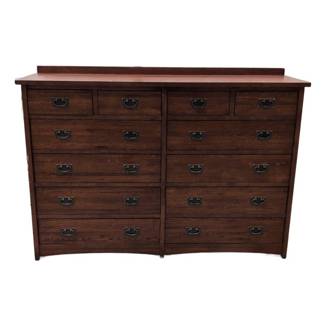 Tradewins Mission Oak 12-Drawer Double Dresser, Solid Oak With Cedar-Lined Drawers, Arts and Crafts For Sale