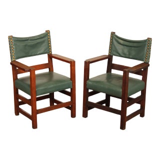 Gustav Stickley Antique Mission Oak Pair of Leather Back Armchairs For Sale