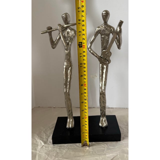 Modern Abstract Cast Aluminum Jazz Musician Sculptures, Set of 2, Silver Metal Figurines, Flute & Guitar Players Contemporary Music Decor 16” Statues For Sale - Image 10 of 12