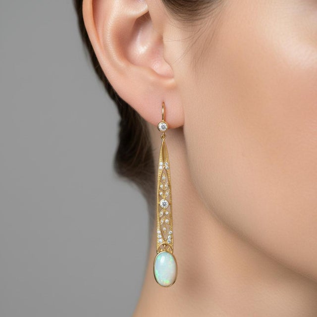 Modern Art Nouveau Opal Drop Earrings Silver, Gold, A Pair For Sale - Image 3 of 8