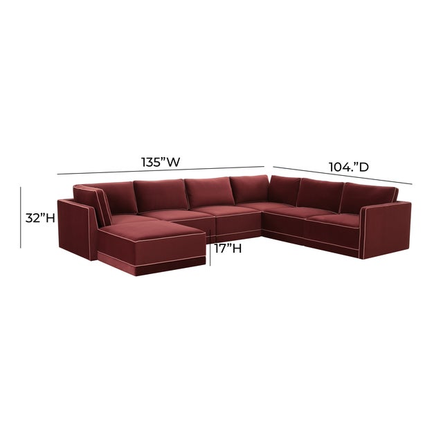 Willow Berry Red with Mauve Piping Modular 7-Piece Performance Velvet Large Chaise Sectional For Sale In Los Angeles - Image 6 of 6