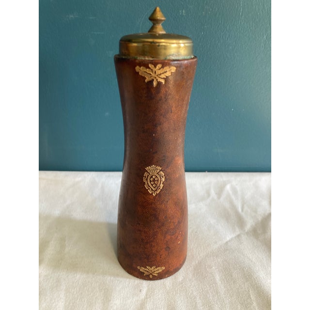 Mid 20th Century Vintage Embossed Leather and Brass Salt Shaker For Sale - Image 5 of 9