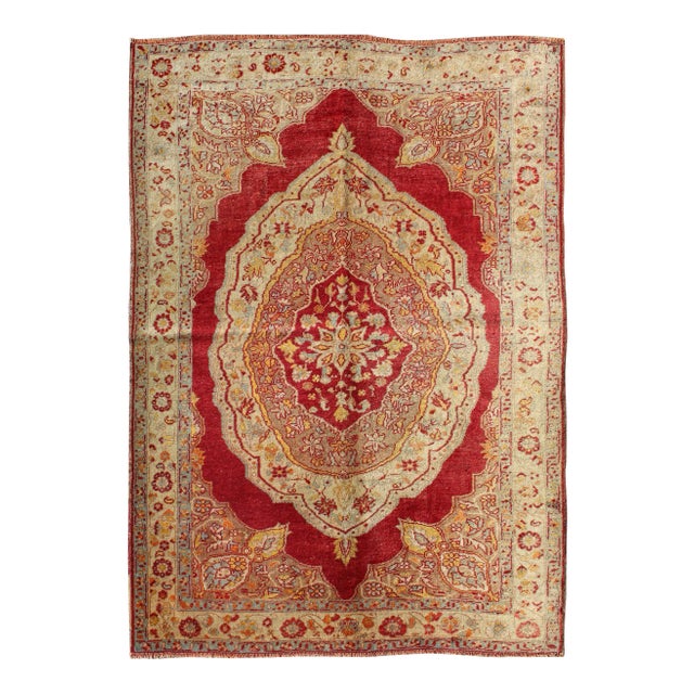 Ornate Rich Red and Cream Antique Turkish Ladik Rug With Floral Medallion 4'7 X 6'5 For Sale