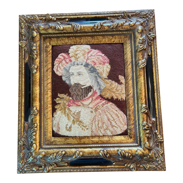 Antique English 19th C Fine Needlepoint, King,Soldier For Sale