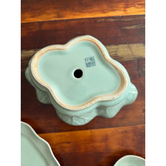 Set of 3 Vintage Chinese Longquan Celadon Cabbage Leaf Planters With Underplates For Sale - Image 9 of 14