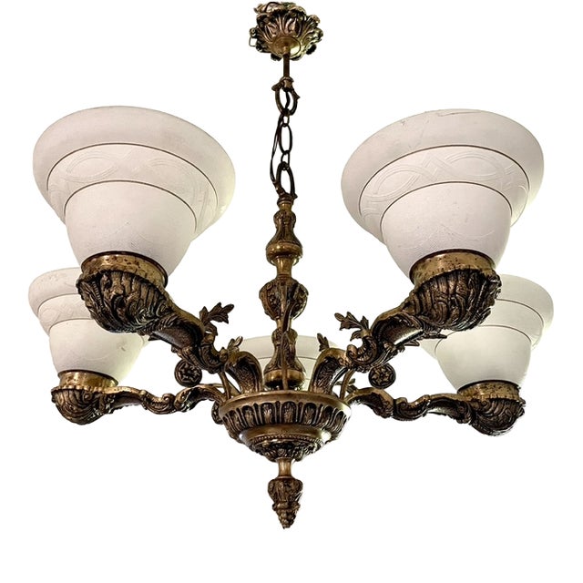 Neoclassical Bronze 6-Light Chandelier, 1950s For Sale