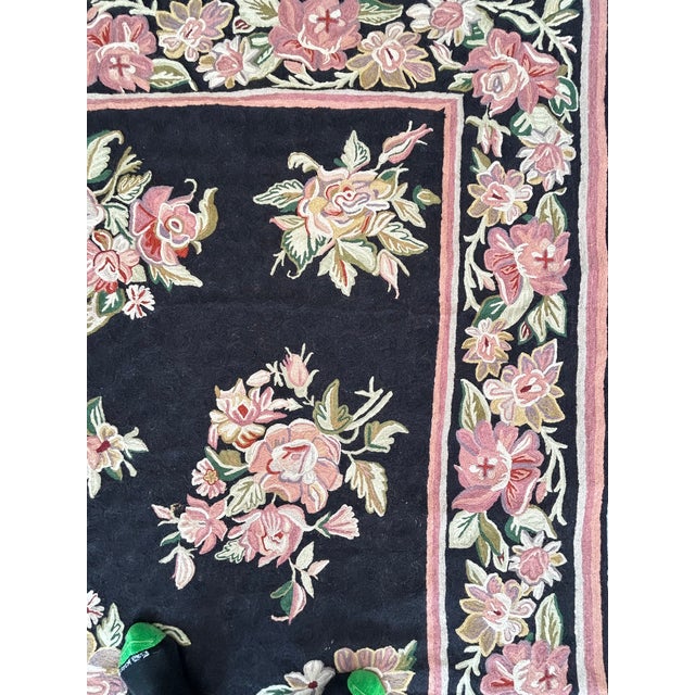 Textile Hand Knotted Area Rug With Soft Pink & Green Flowers Against Black For Sale - Image 7 of 13