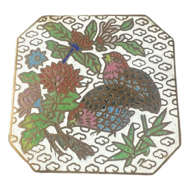 Vintage Chinese White Cloisonné Enamel Bird & Floral Trinket Box For Sale