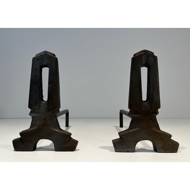 1940s Circa 1940 Modernist Cast Iron and Wrought Iron Andirons French Work - a Pair For Sale - Image 5 of 12
