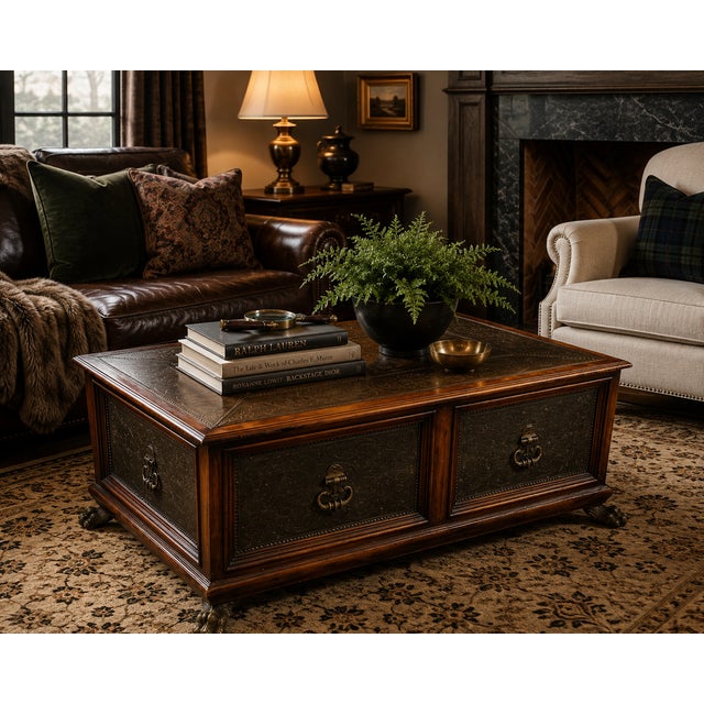 An exceptional cocktail table from Theodore Alexander’s celebrated Armoury Collection, blending old-world craftsmanship...